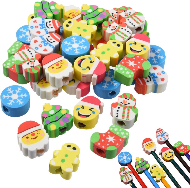 DOMG 42Pcs Christmas Pencil Top Erasers for Kids Bulk, Cute Cap Eraser Mini Eraser Toppers for Party Favors Goodie Bags Stuffers Stocking Stuffers Holiday Gifts - Image 1